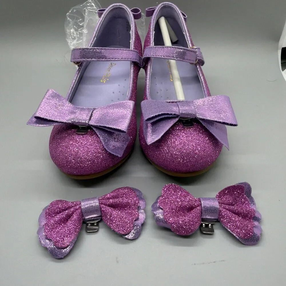 Girls Dress Shoes 1.3inch Low Heel Dance Shoes Bow Glitter Wedding Party Shoes
